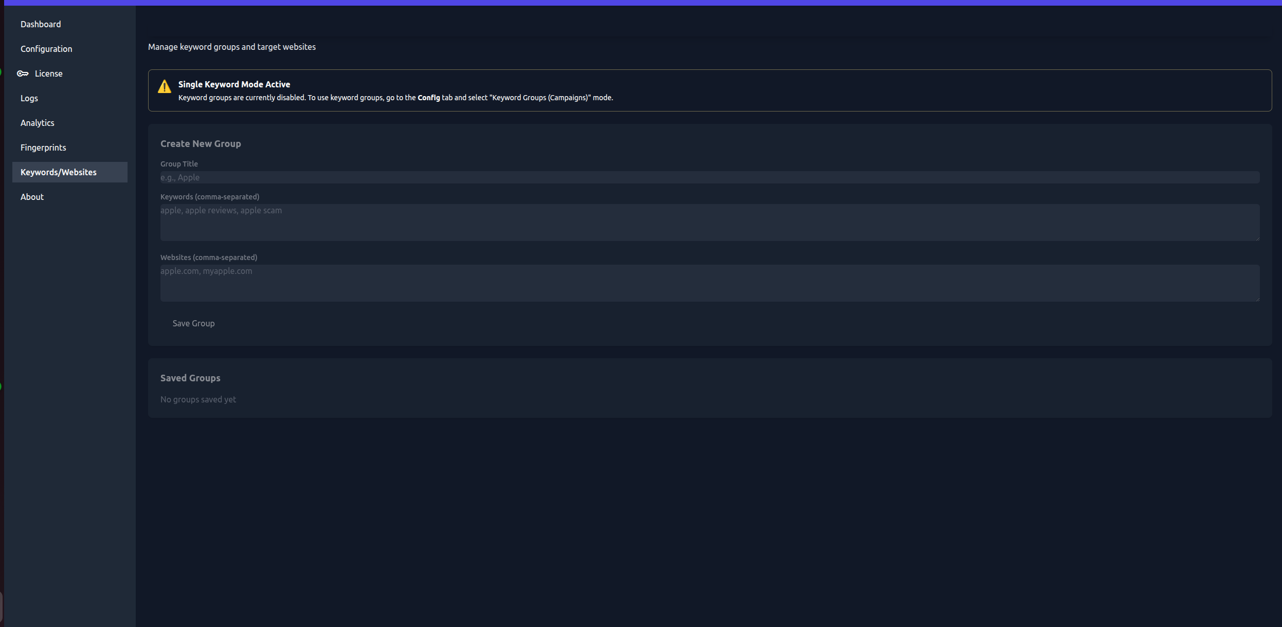Service Configuration Panel